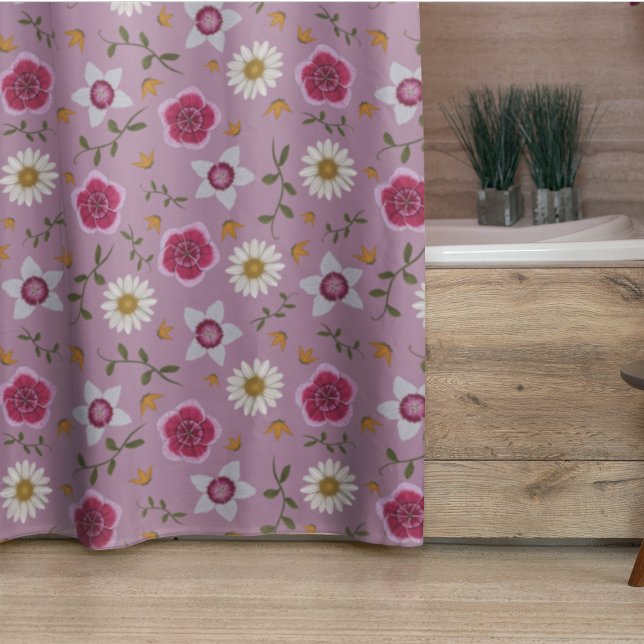 Floral Pink Modern Dianthus & Daisy Hand-Drawn Shower Curtain (Creator Uploaded)