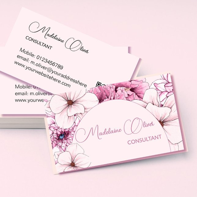 Floral Pink Modern Elegant Feminine QR Code Gold   Business Card (Creator Uploaded)