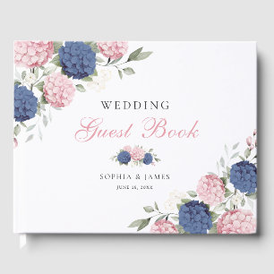 Floral Pink & Navy Blue Hydrangea Greenery Wedding Guest Book