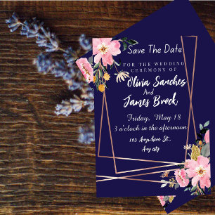 Floral pink Navy Blue Rustic Wedding  Invitation