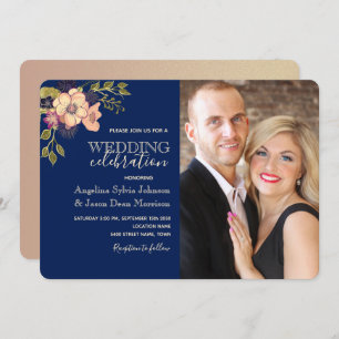 Floral Pink Navy Blue Wedding Invitation