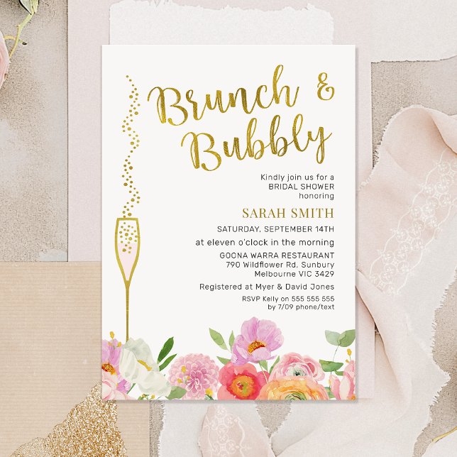  Floral Pink Orange Brunch Bubbly Bridal Shower Invitation (Brunch and Bubbly Bridal Shower Invitation Card, Bright Floral Brunch Bubbly Bridal Shower Invite)