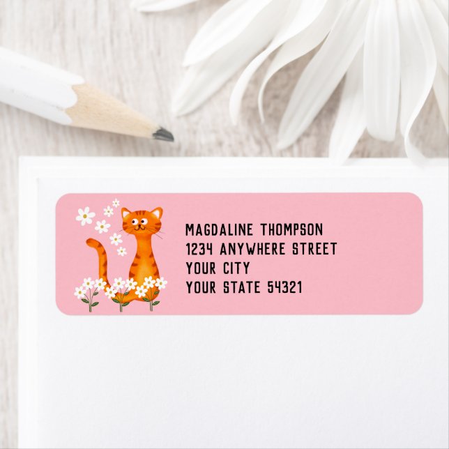 Floral Pink Orange Cat Return Address Label (Insitu)