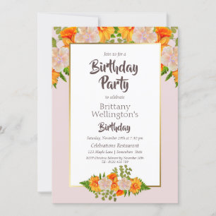 Floral Pink Orange Gold Birthday Party Invitation