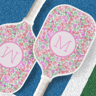 Floral Pink Orange Preppy Custom Initial Ladies Pickleball Paddle