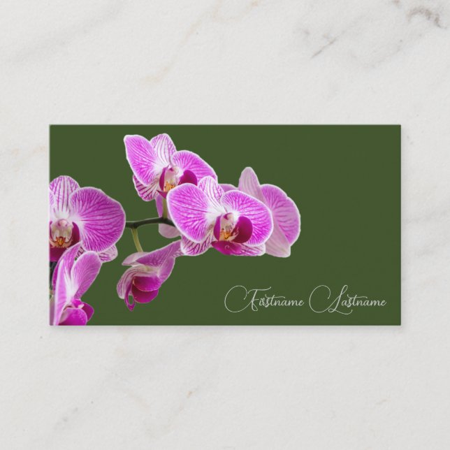 Floral pink orchid blossom calligraphy dark green business card (Front)