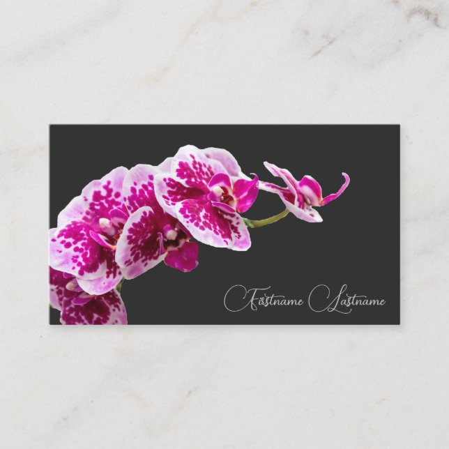 Floral pink orchid blossom calligraphy dark grey business card (Front)