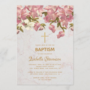 Floral Pink Orchids Marble Gold Cross Baptism Invitation