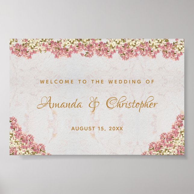Floral Pink Orchids Marble Wedding Welcome Sign (Front)