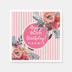 Floral Pink Pastel Stripe 80th Birthday Napkin