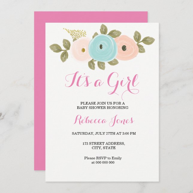 Floral Pink Peach Baby Shower Its girl Invitation (Front/Back)