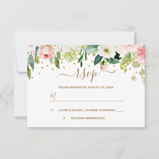 Floral Pink Peach Gold Confetti RSVP (Front)