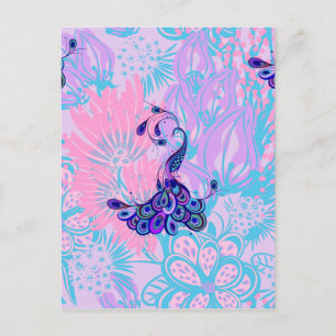 floral pink peacock postcard