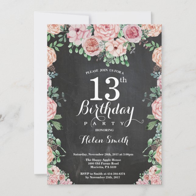 Floral Pink Peonies 13th Birthday Chalkboard Invitation (Front)