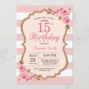Floral Pink Peonies 15th Birthday Party Invitation