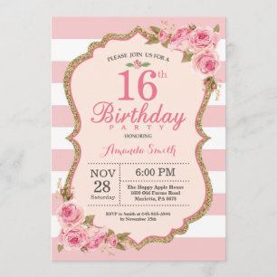 Floral Pink Peonies 16th Birthday Party Invitation