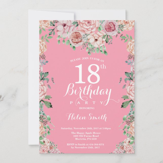 Floral Pink Peonies 18th Birthday Invitation (Front)