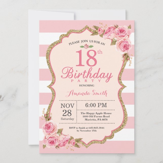 Floral Pink Peonies 18th Birthday Party Invitation (Front)