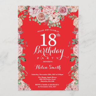 Floral Pink Peonies 18th Birthday Red Invitation