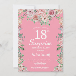 Floral Pink Peonies 18th Surprise Birthday Invitation