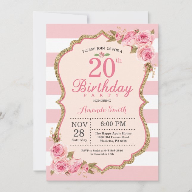 Floral Pink Peonies 20th Birthday Party Invitation (Front)