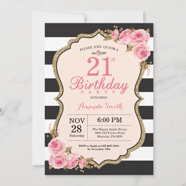 Floral Pink Peonies 21st Birthday Party Invitation (Front)