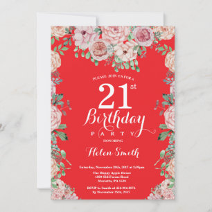 Floral Pink Peonies 21st Birthday Red Invitation