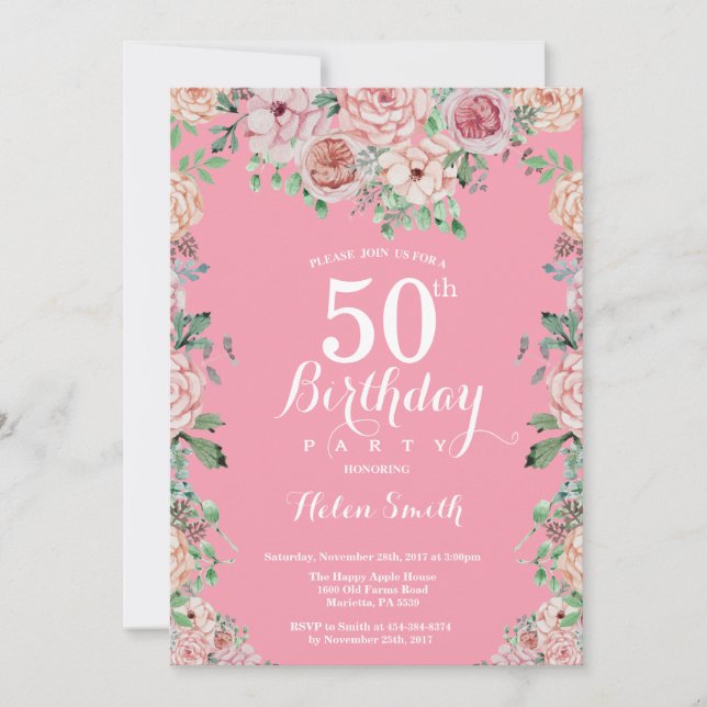 Floral Pink Peonies 50th Birthday Invitation (Front)