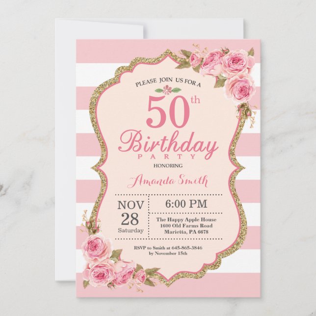 Floral Pink Peonies 50th Birthday Party Invitation (Front)