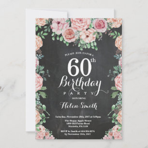 Floral Pink Peonies 60th Birthday Chalkboard Invitation