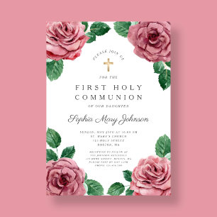 Floral Pink Peonies Girl Religious First Communion Invitation
