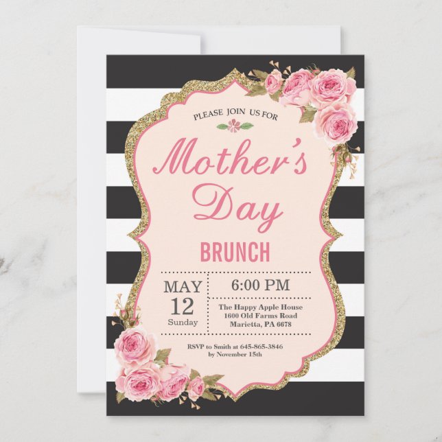 Floral Pink Peonies Mothers Day Brunch Invitation (Front)