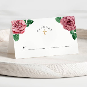 Floral Pink Peonies Religious First Communion Place Card