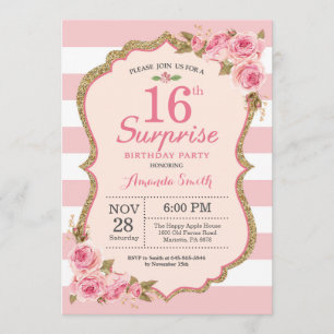 Floral Pink Peonies Surprise 16th Birthday Party Invitation