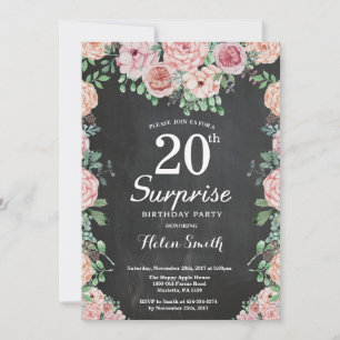 Floral Pink Peonies Surprise 20th Birthday Invitation