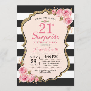 Floral Pink Peonies Surprise 21st Birthday Party Invitation