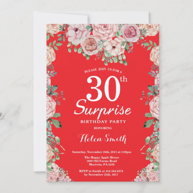 Floral Pink Peonies Surprise 30th Birthday Red Invitation (Front)