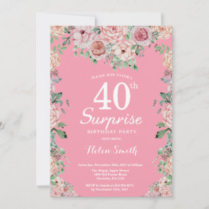 Floral Pink Peonies Surprise 40th Birthday Invitation