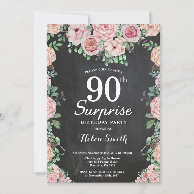 Floral Pink Peonies Surprise 90th Birthday Invitation (Front)