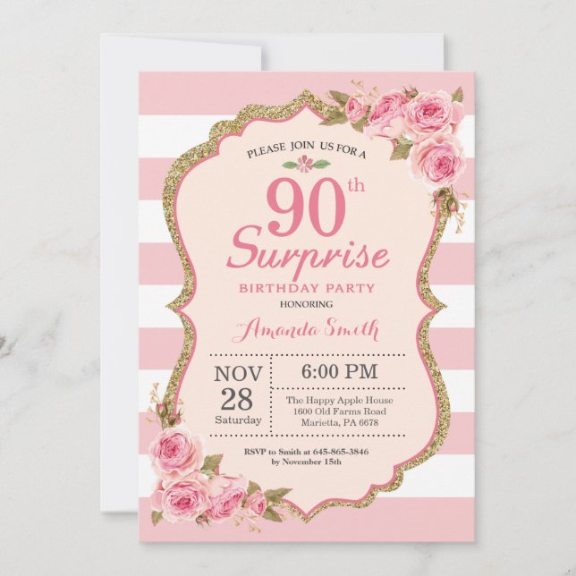 Floral Pink Peonies Surprise 90th Birthday Party Invitation (Front)