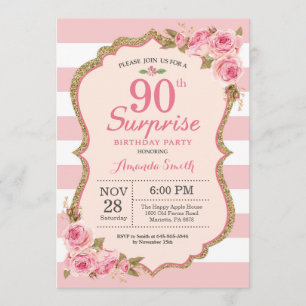 Floral Pink Peonies Surprise 90th Birthday Party Invitation