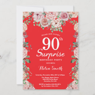 Floral Pink Peonies Surprise 90th Birthday Red Invitation