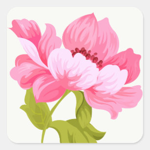 Floral Pink Peonies Watercolors Flower Wedding Square Sticker