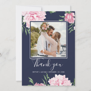 Floral Pink Peony Botanical Photo Elegant Navy Thank You Card
