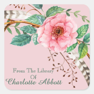 Floral Pink Peony Feather Design Bookplate Square Sticker