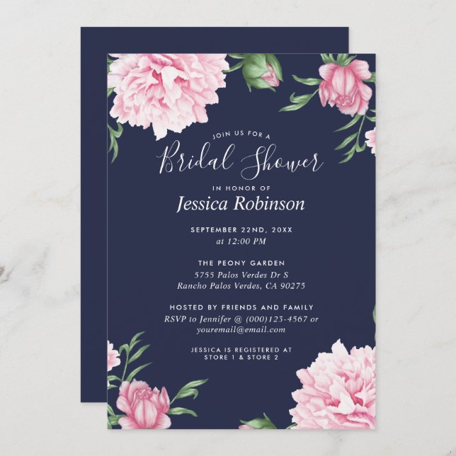 Floral Pink Peony Navy Background Bridal Shower Invitation (Front/Back)