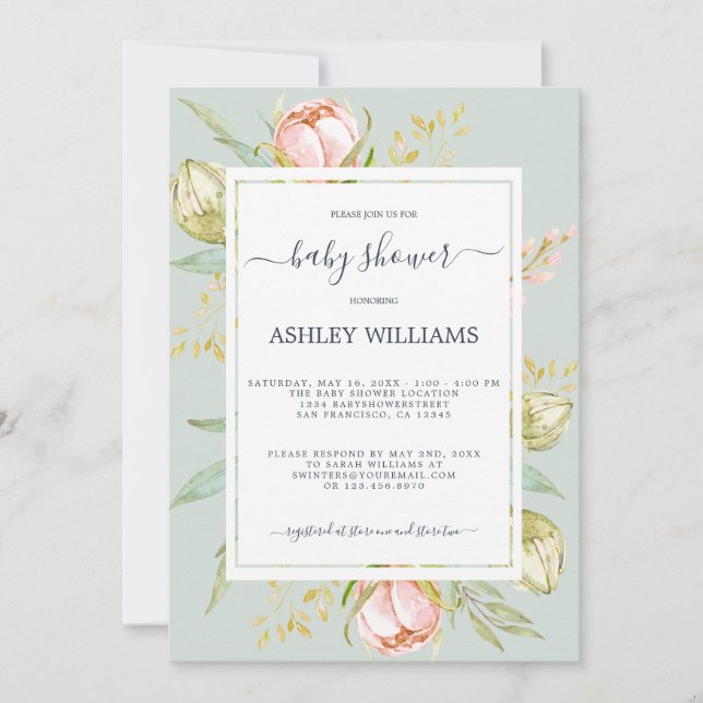 Floral Pink Peony Rustic Boho Blue Baby Shower Invitation (Front)