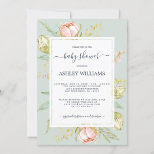 Floral Pink Peony Rustic Boho Blue Baby Shower Invitation