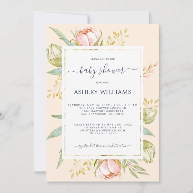 Floral Pink Peony Rustic Boho Blush Baby Shower Invitation (Front)