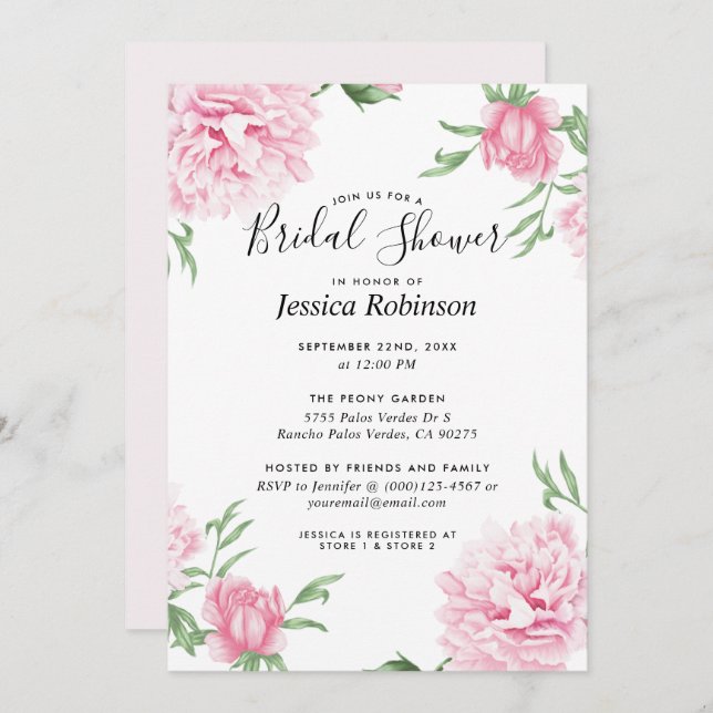 Floral Pink Peony White Background Bridal Shower Invitation (Front/Back)